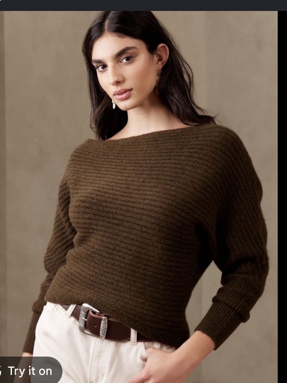 Banana Republic Wool Off-Shoulder Ribbed Sweater in Brown